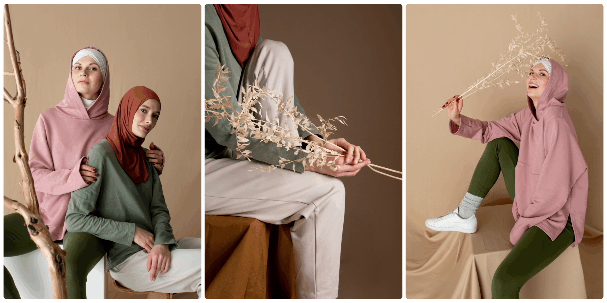 Three studio images of modest activewear outfits for women, showing culturally respectful designs with full coverage and comfort.