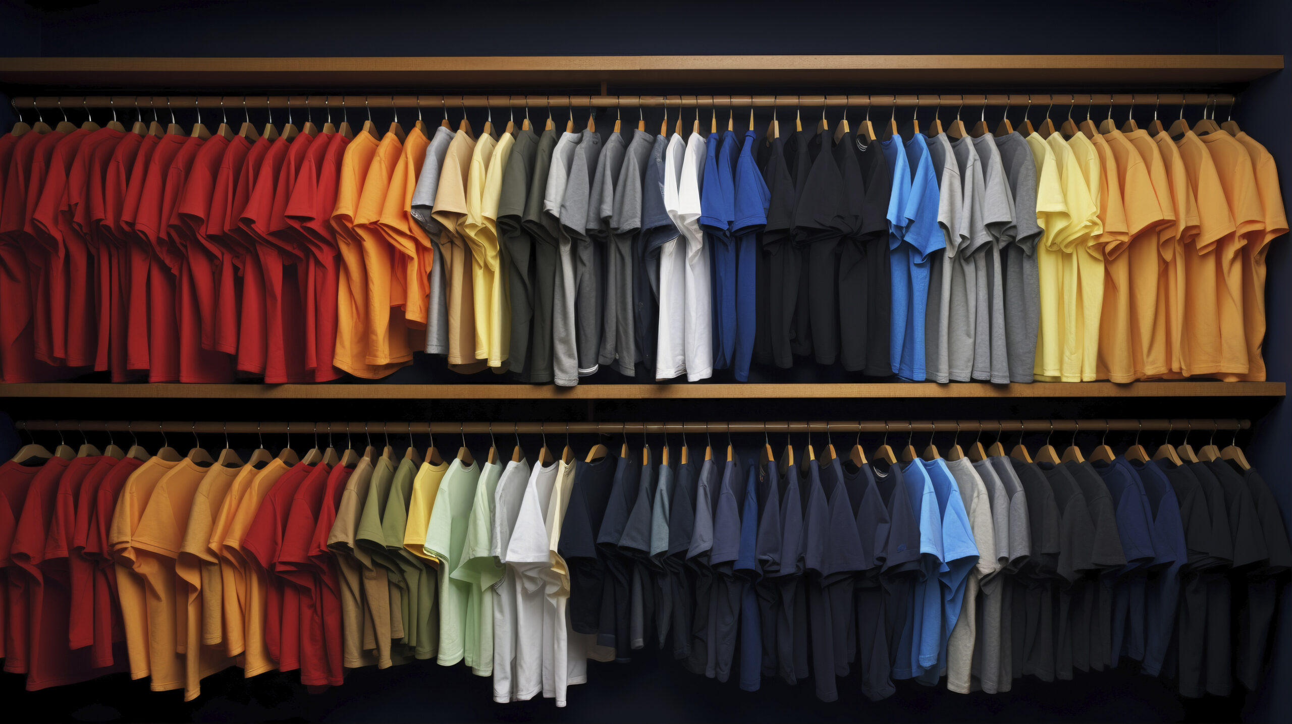 OEM vs ODM: Choosing the Right Manufacturing Model for Your Apparel Brand Double-layered rack displaying colorful T-shirts in an apparel showroom, representing fashion production choices like OEM vs ODM.