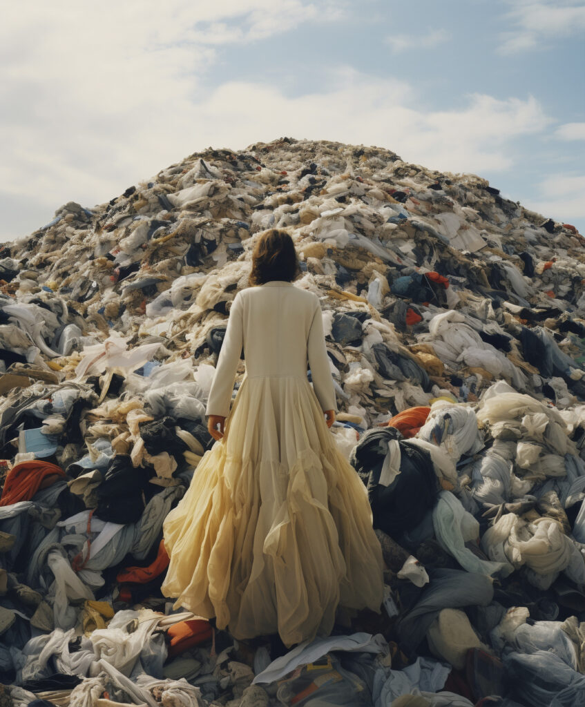 A young woman stands behind a large pile of colorful clothes, symbolizing the overload and waste driven by fast fashion trends.
