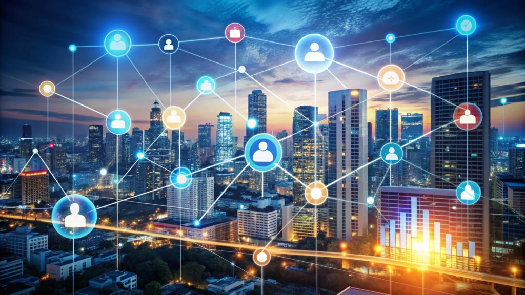Global Network Connectivity Empowering Local and International Brand Partnerships Illustration of a connected cityscape with digital network icons symbolizing global connectivity and smart technology.