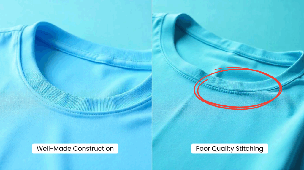 Visual comparison of well-made versus poorly made T-shirts Side-by-side comparison of two T-shirts: left shows a neatly sewn, well-structured garment with clean seams and smooth fabric; right shows a poorly made T-shirt with uneven stitching, loose threads, and wrinkled, low-quality material