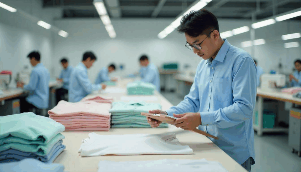 Garment Quality Inspection in Progress Third-party garment inspector measuring a pastel T-shirt for quality control in a factory setting.