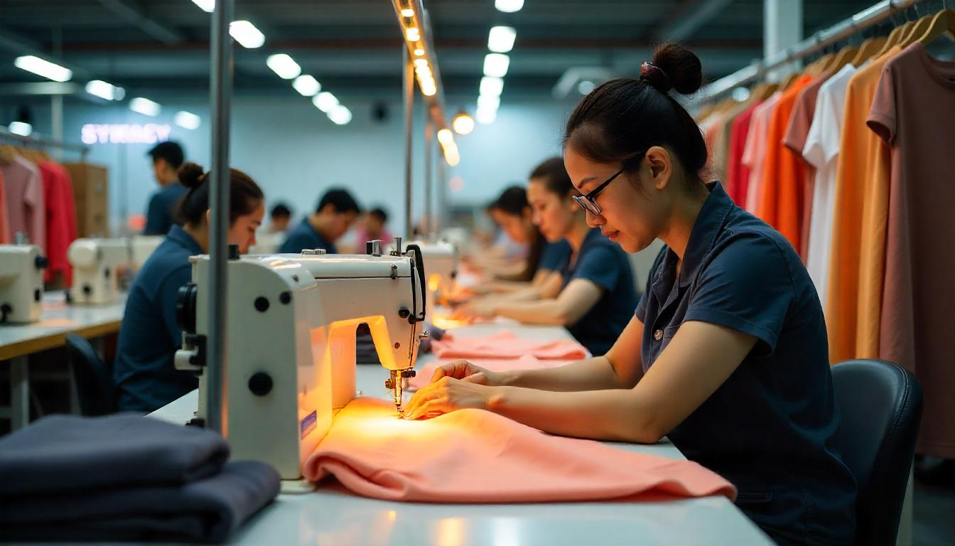 Workers in a Southeast Asian sewing factory producing activewear garments as part of regional sourcing strategies in 2025."