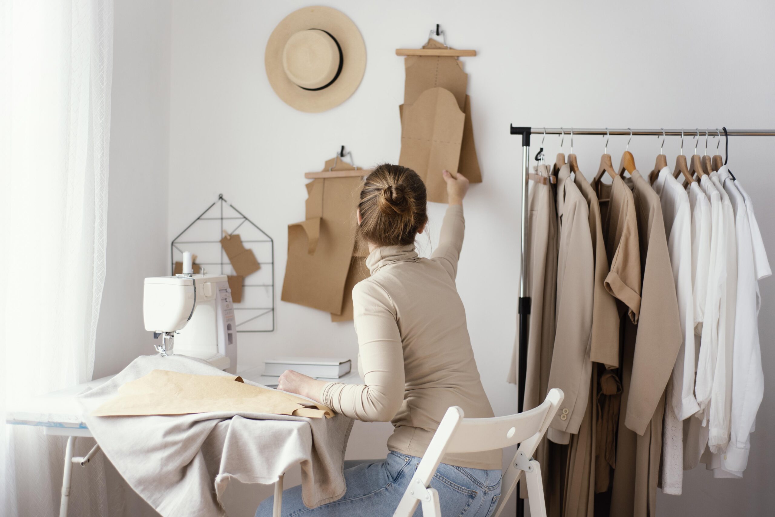 Hands-On Strategy for Apparel Cost Control A fashion designer sits in a minimalist studio, reaching for garment pattern templates on the wall while fabric and a sewing machine sit nearbyโreflecting hands-on cost control in apparel manufacturing and strategic cost planning to reduce garment cost.