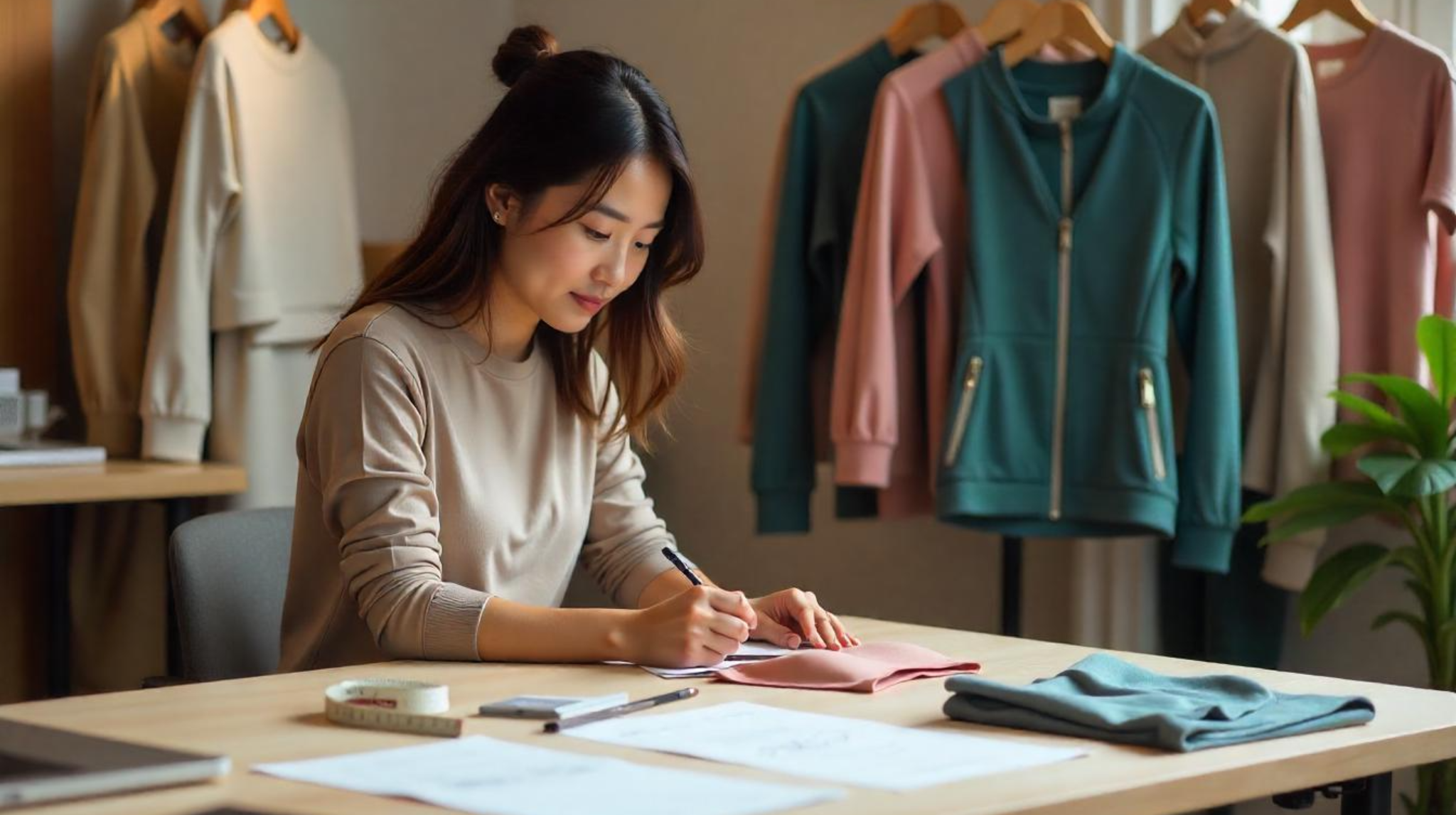Activewear Designer Reviewing Samples โ Asia 2025 Asian designer reviewing activewear fabric swatches and leggings samples beside a rack of sportswear in a modern studio