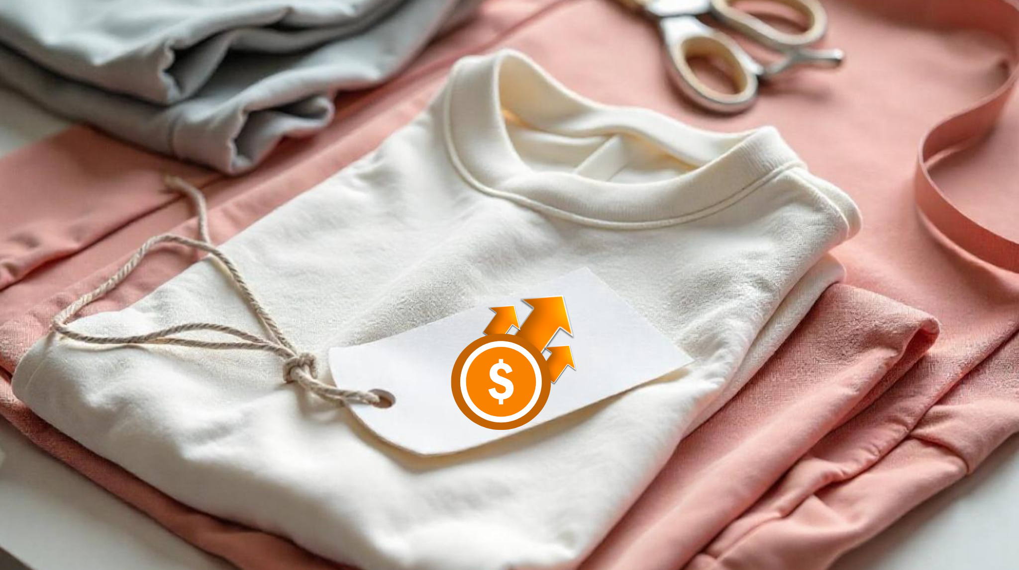 Folded garments on a textile table with a price tag showing tariff rising, symbolizing fashion industry challenges 2025 and apparel sourcing cost impact.