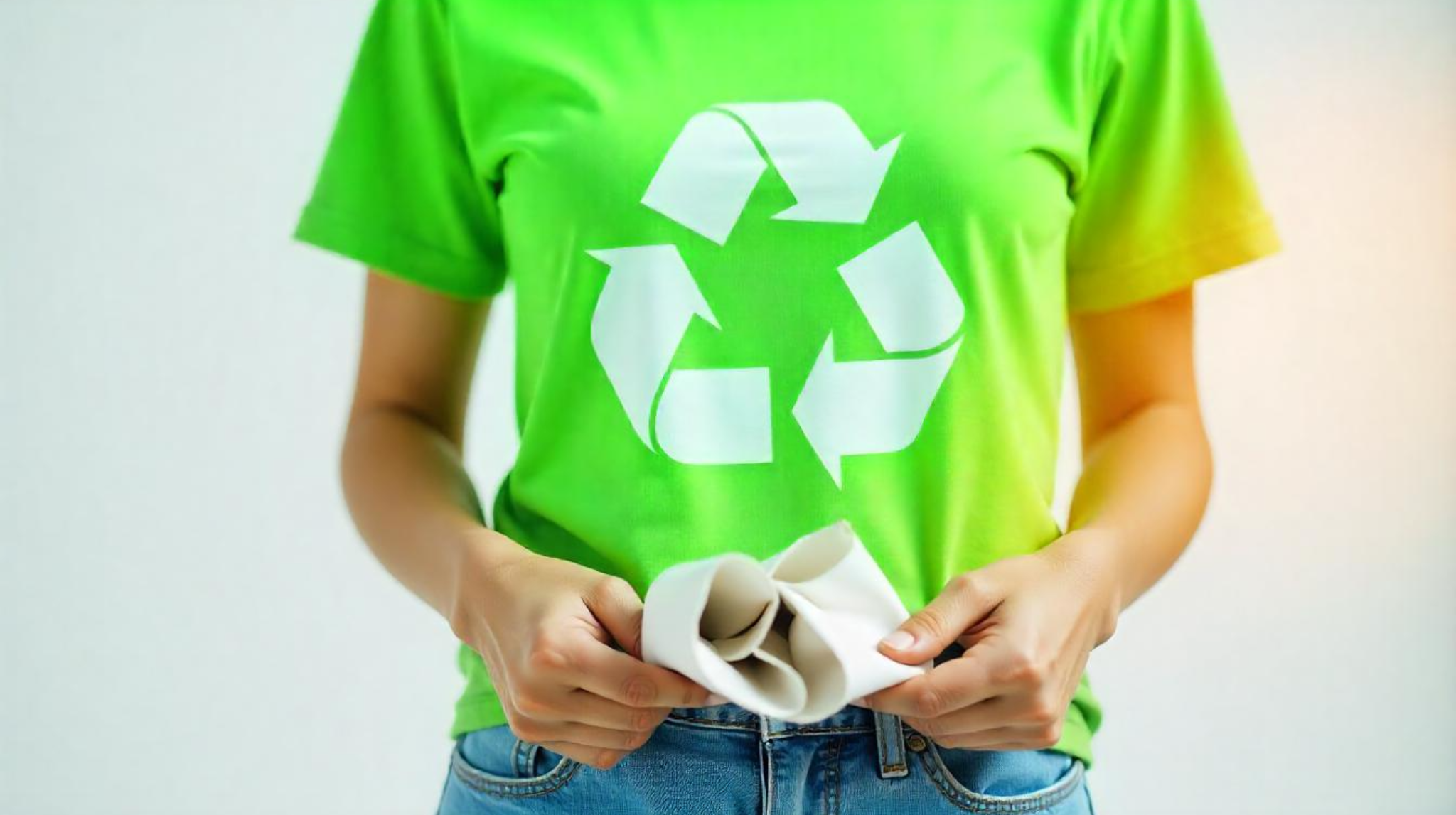 Person in green T-shirt with a white recycling symbol holding fabric, symbolizing sustainable textile sourcing in Asia.