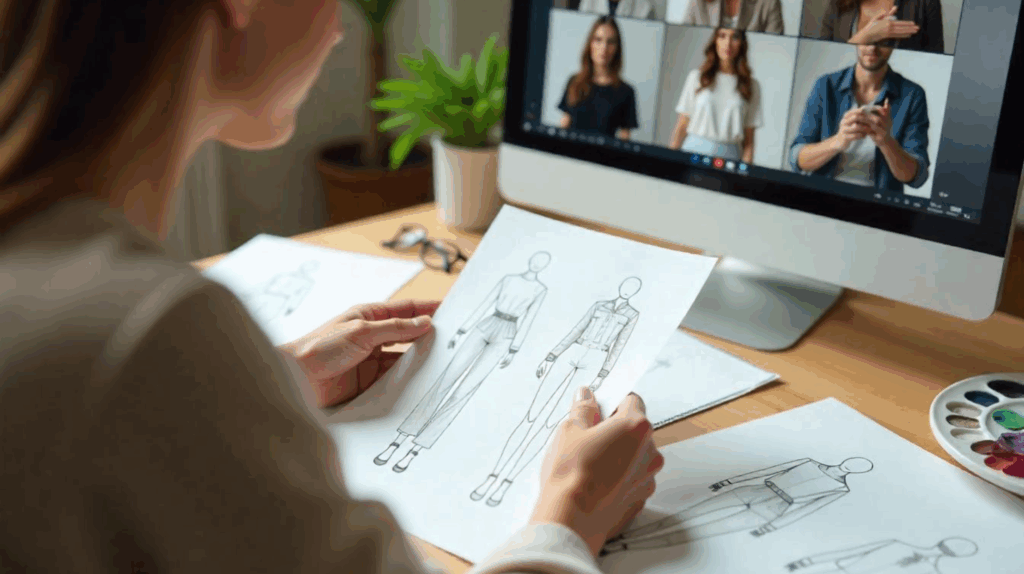 Miscommunication during remote garment review leads to costly production errors Fashion designerโs hands reviewing a hand-drawn garment sketch at a desk filled with fashion illustrations and color swatches, with a remote team video call on a laptop in the background.