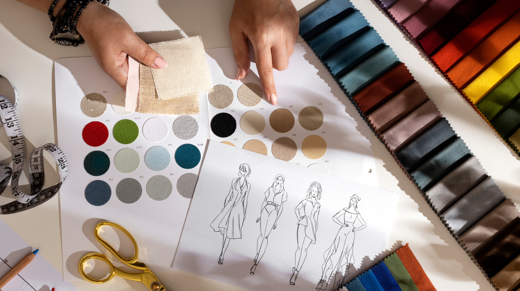 Reducing Garment Cost Through Smart Fabric Choices Apparel buyer evaluating fabric swatches in a sourcing office to reduce manufacturing costs, practicing cost control in apparel by comparing quality and price for strategic cost planning.