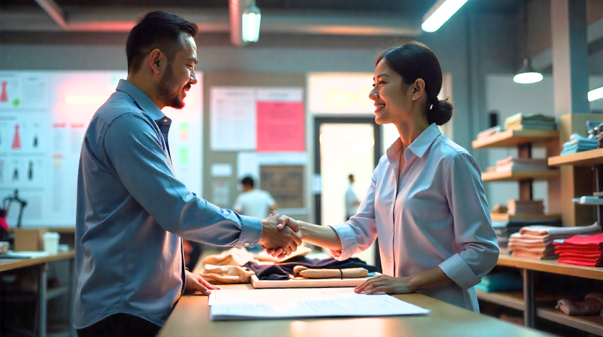 Supplier Collaboration to Navigate MOQ, Lead Time, and Sourcing Costs Apparel production manager discussing garment cost strategies with supplier to balance MOQ requirements, shorten lead times, and optimize regional sourcing decisions for better apparel cost control