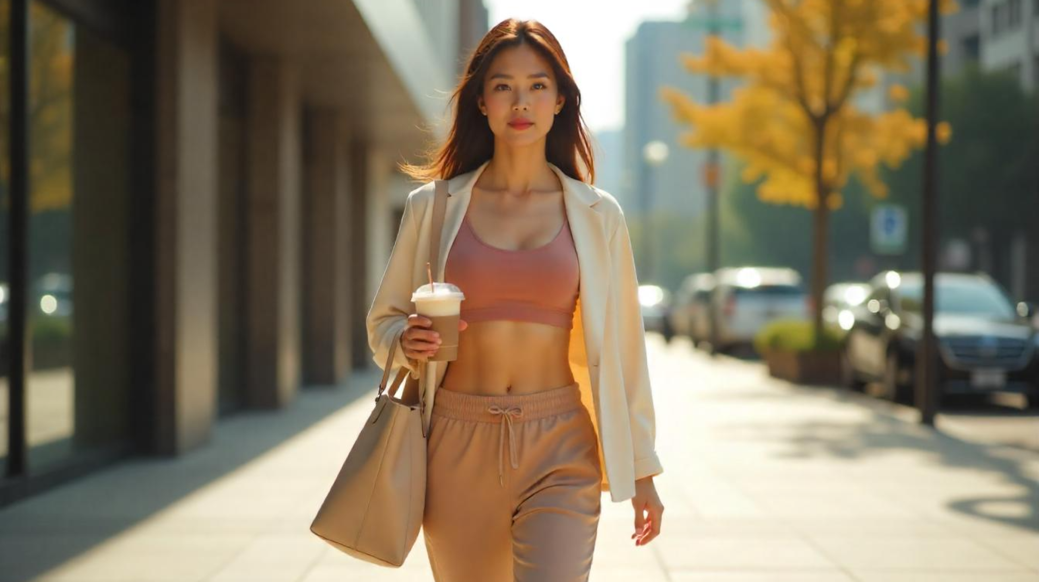 Asian Woman in Athleisure โ Urban Lifestyle in 2025 Young Asian woman walking in muted-tone athleisure outfit on a city street โ reflecting 2025 activewear lifestyle trends in Asia