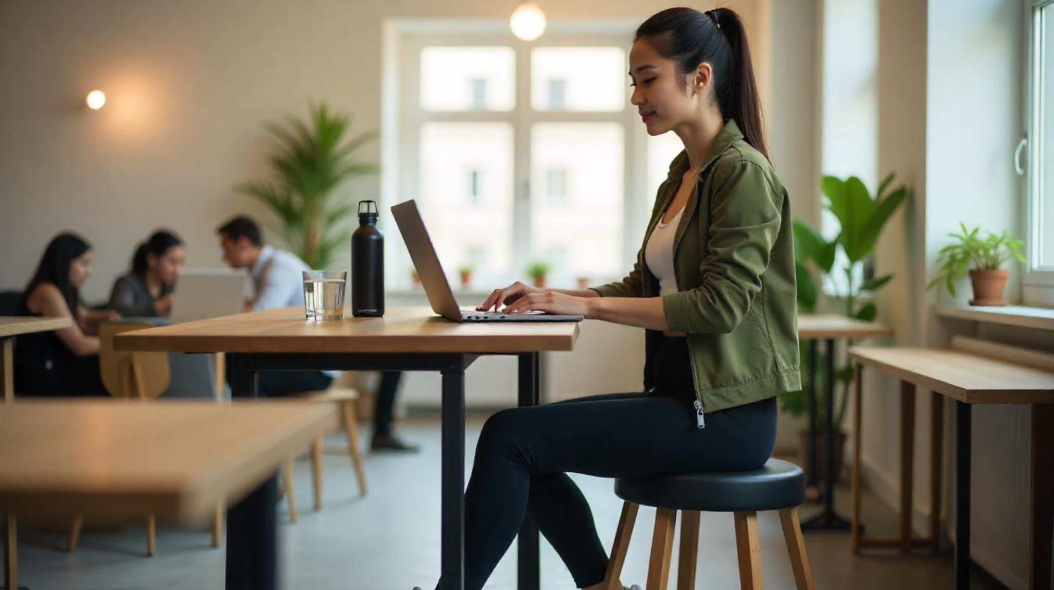 2025 Activewear Buyers in Asia โ Lifestyle Segment Young Asian woman in lifestyle activewear working in a modern office โ reflecting 2025 activewear trends and what Asian consumers want