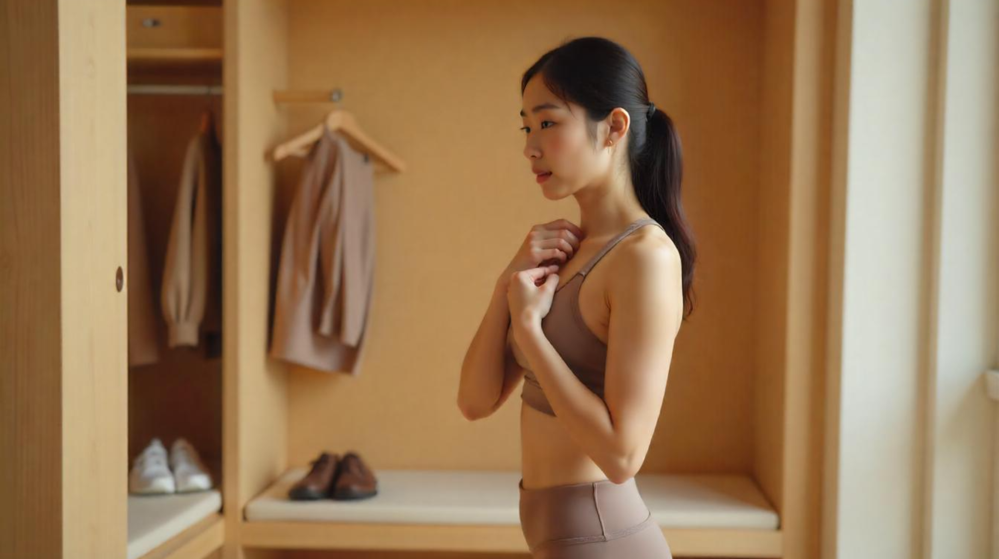 Asian Buyer Testing Activewear Fit โ Regional Sizing 2025 Asian woman adjusting shoulder seam of activewear top โ showing how buyers evaluate regional fit and sizing preferences in Asia