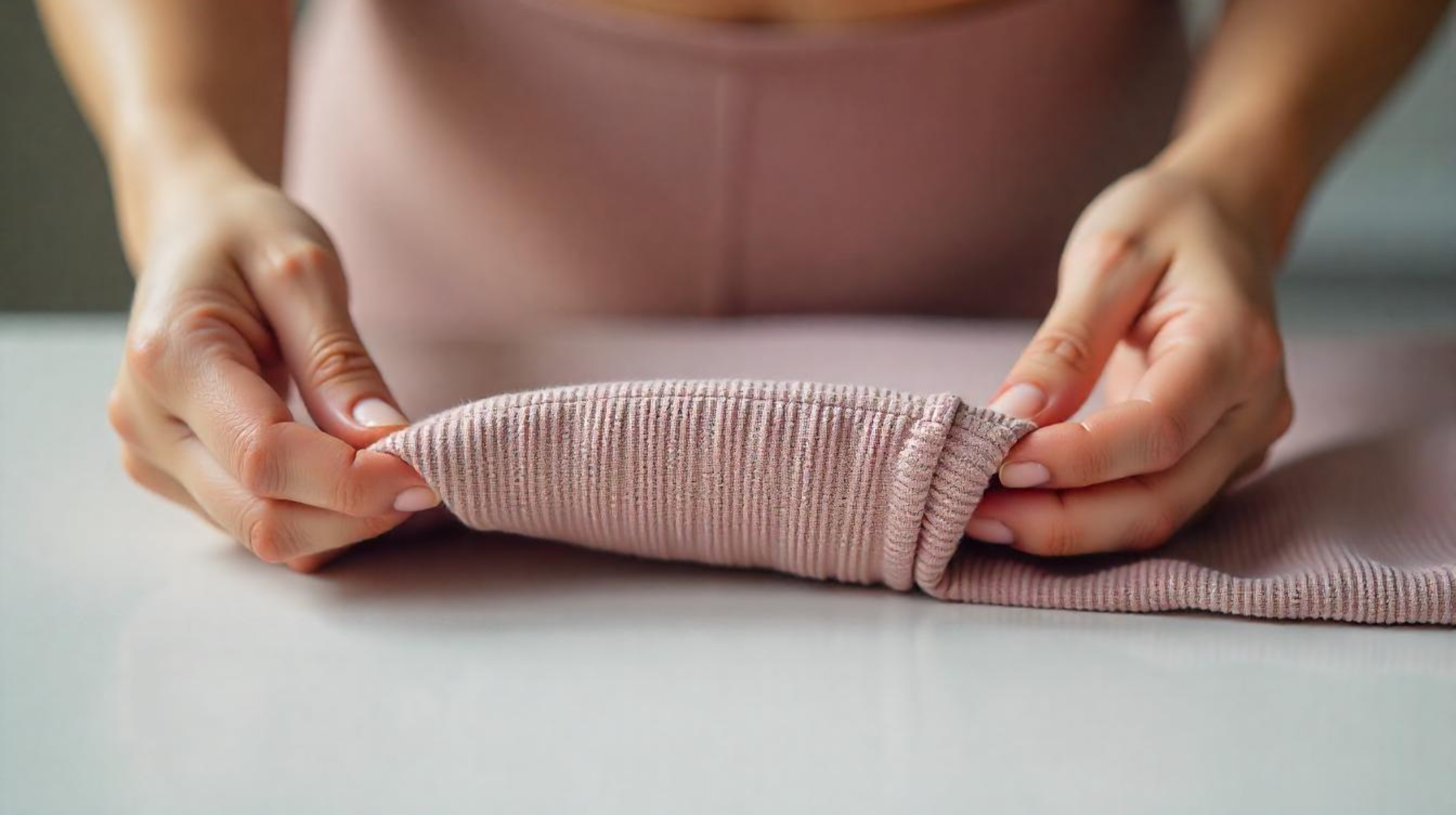 Hands Testing Stretch of Ribbed Activewear Fabric โ 2025 Close-up of both hands stretching ribbed activewear fabric on table โ showing quality and elasticity for activewear buyers in Asia