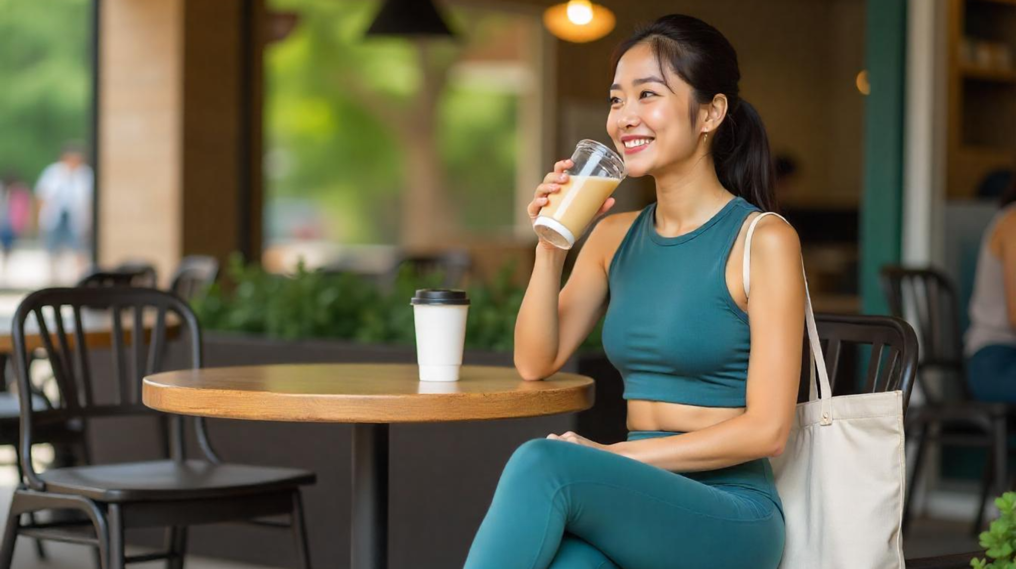 Asian Woman in Athleisure at Cafรฉ โ Lifestyle 2025 Asian woman in full activewear outfit sitting at cafรฉ โ showing how athleisure blends into daily life in Asiaโs 2025 activewear market