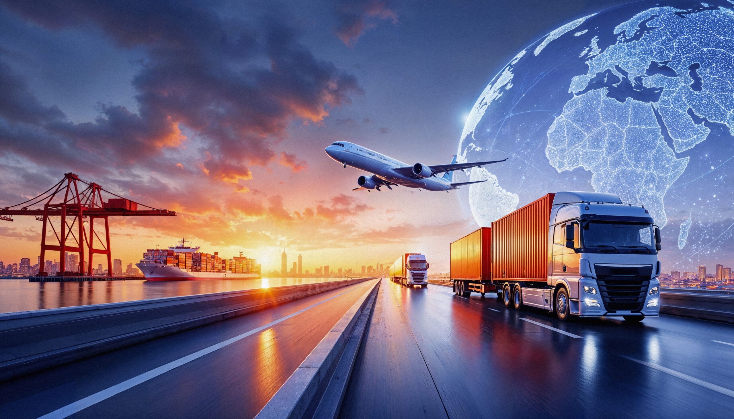 Airplane, cargo ship, and freight truck moving goods across global routes, illustrating unexpected shipping costs in apparel manufacturing