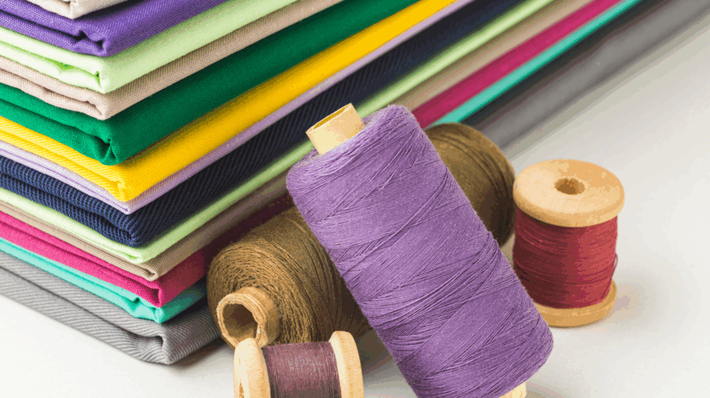Stacked fabrics in vibrant colors with matching thread spools, highlighting fabric sourcing tips in our Fabric Guide for Clothing Brand.