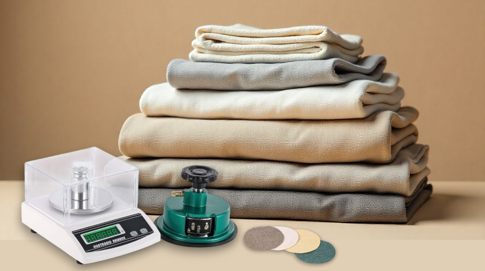 Fabric weight measurement using GSM scale with folded textiles and testing tools