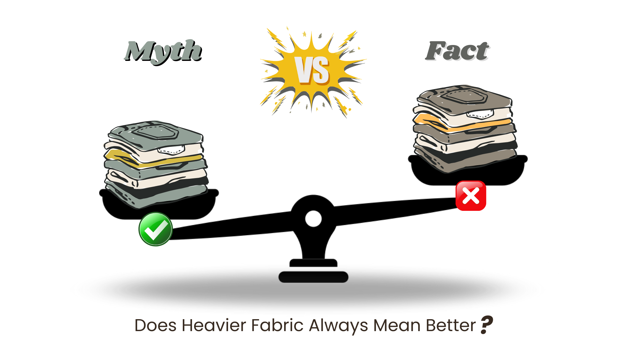 Justice scale weighing clothes with text "Does Heavier Fabric Always Mean Better?" highlighting GSM myths in apparel manufacturing.