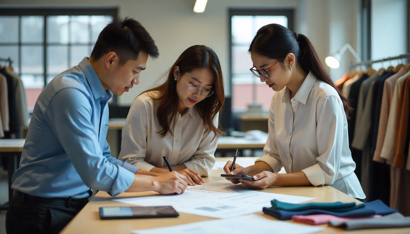 Apparel professionals collaborating over tech packs, fabric samples, and checklists, illustrating best practices for Quality Assurance and Quality Control in apparel production.