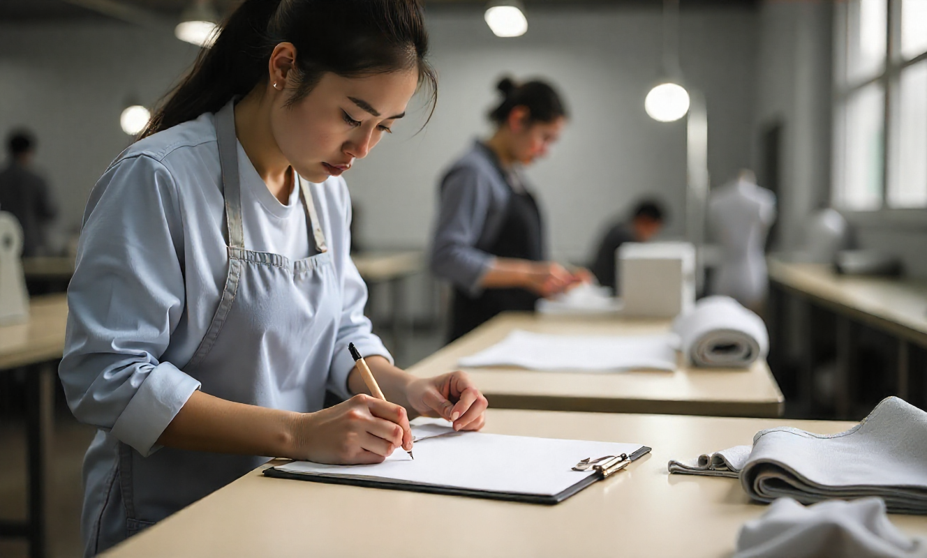 Worker performing early fabric testing in a garment factory, demonstrating Quality Assurance vs Quality Control in Apparel to ensure consistent fit and quality.