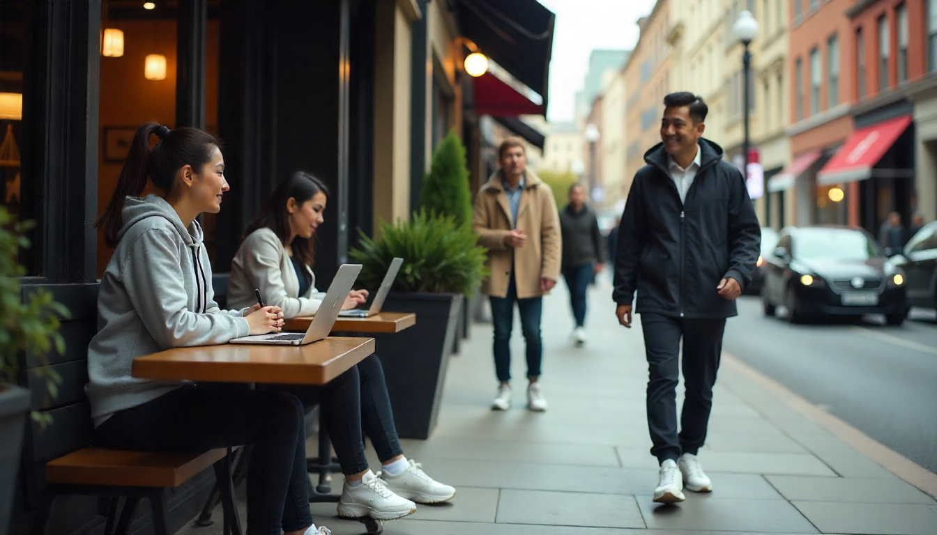 Young professionals wearing athleisure clothing in a café and city setting, reflecting changing consumer behavior and lifestyle choices in 2026.