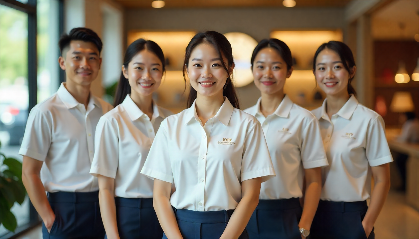Employees in shirts and polo-style corporate uniforms, showcasing brand image, customer trust, and organized professionalism.