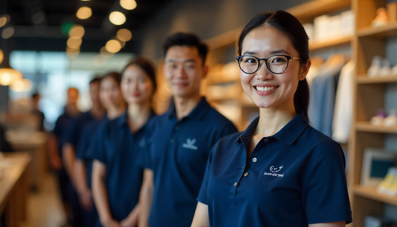 Retail staff in neat navy polo tee uniforms with embroidered logos, creating trust and professionalism.