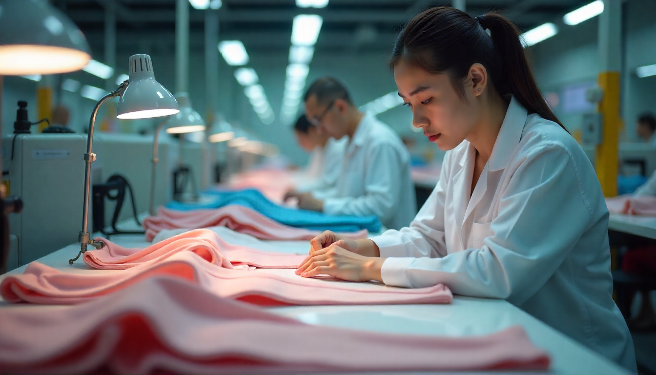 Inspectors performing final Quality Control in apparel, checking finished garments for defects such as loose buttons and inconsistent stitching before shipment.