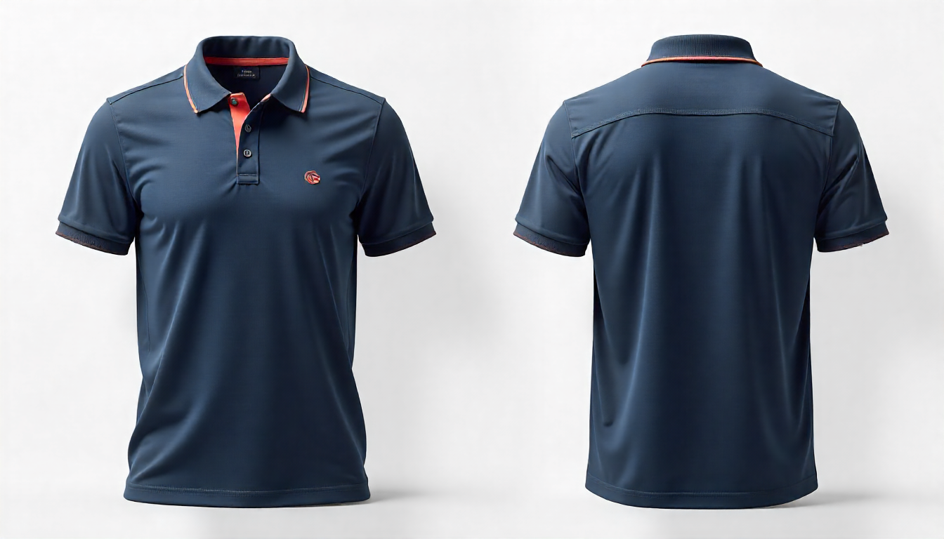 Corporate polo shirt mockup with contrasting collar and sleeve trim, chest embroidery on the front, and larger logo on the back.