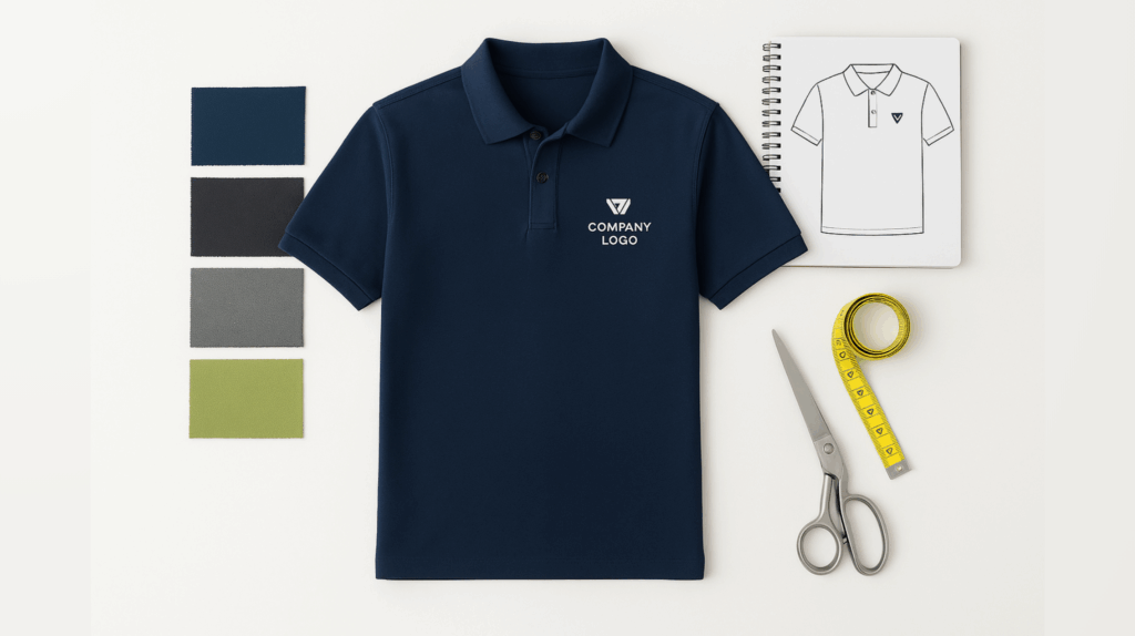 Corporate uniform development flat lay with a navy polo shirt, fabric swatches, matching polo shirt sketch, measuring tape, and sewing tools.