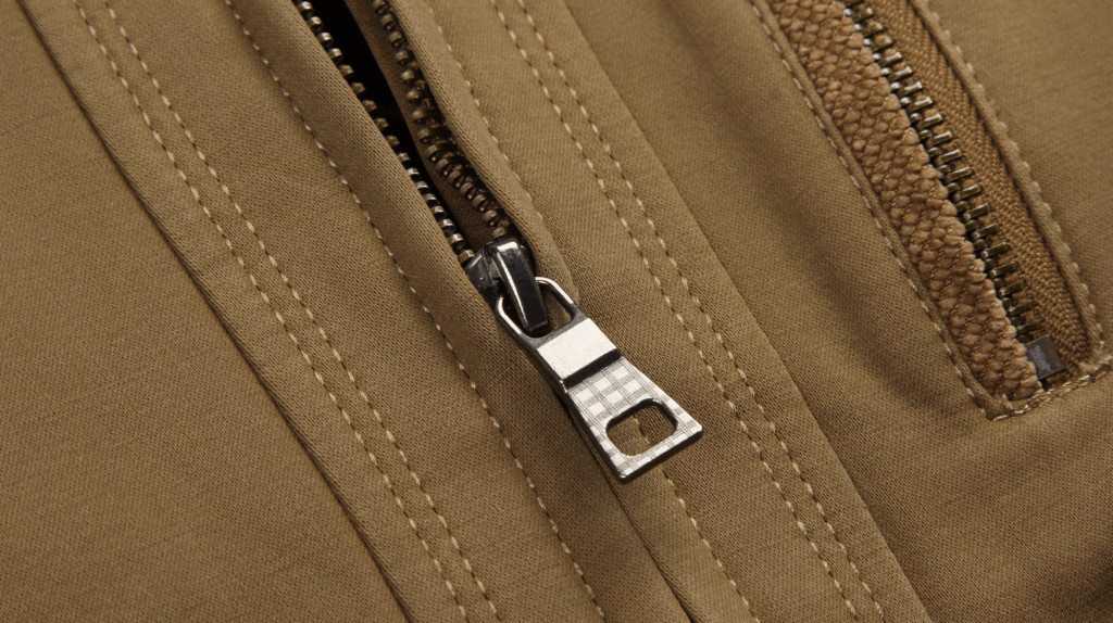 Close-up of a garment zipper being inspected for quality, showing smooth function without defects.