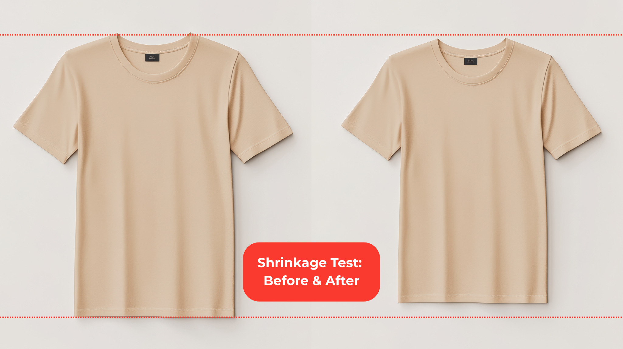 Comparison of two shirts after washing, one showing fabric shrinkage while the other retains original size.