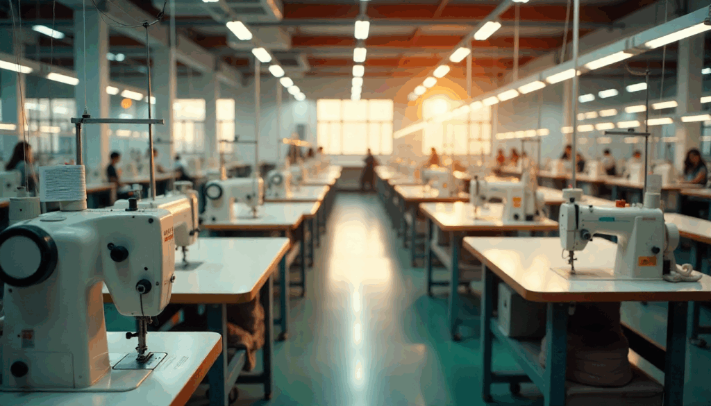 High angle view of a sewing factory, highlighting apparel manufacturing capacity to balance fast fashion speed with sustainable fashion durability.