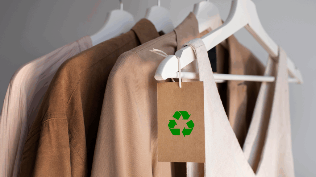Sustainable fashion clothes with recycled logo hang tag symbolizing durability, responsible sourcing, and circular models.