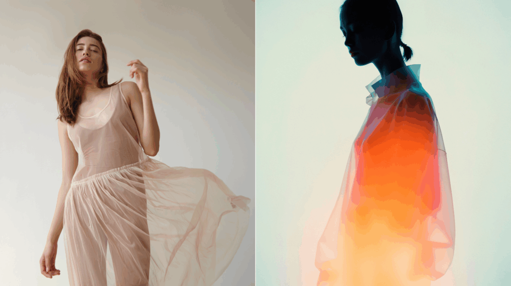 Spring/Summer 2026 fashion trends featuring layering with sheer overlays, structured outer shells, and multi-textured garments for apparel brands