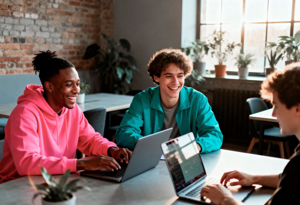 Three young people in casual lifestyle apparel working on laptops, representing Gen Z and Gen Alpha fashion spending and their identity-driven consumption behavior.