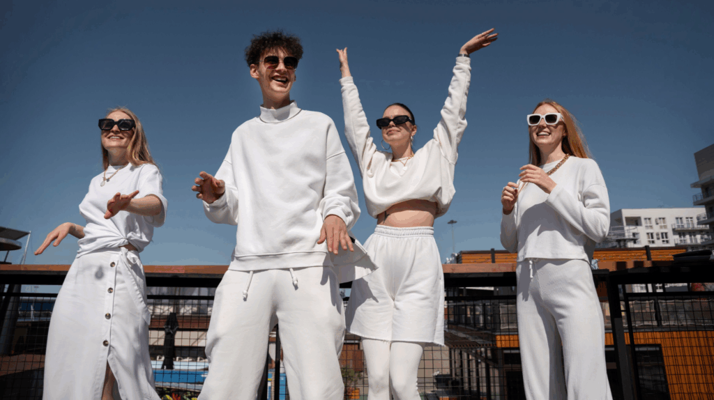 Gen Z young adults wearing relaxed white outfits that reflect the athleisure trend, expressing comfort-first fashion and modern lifestyle identity.