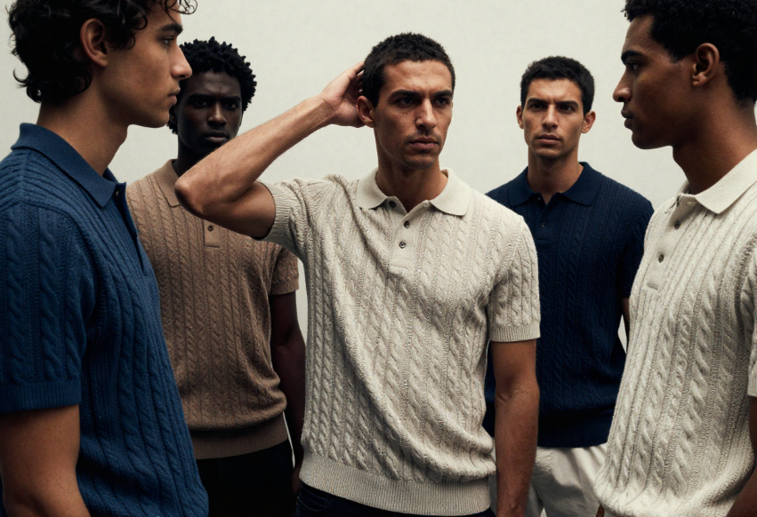 Group of men wearing polo shirts with chunky knit and tactile surfaces, showcasing polo shirt trends 2026 and elevated casual styling