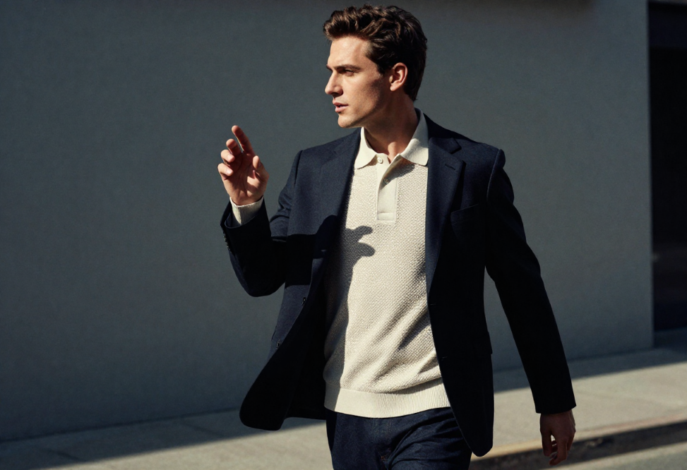 Male wearing a slim-fit polo shirt paired with a tailored blazer, illustrating polo shirt trends 2026 and modern smart-casual styling
