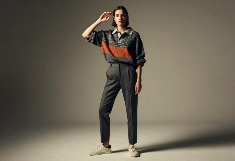 Female model wearing an oversized polo with Johnny collar and patterned knit, styled with tailored trousers, illustrating women’s polo shirt trends 2026
