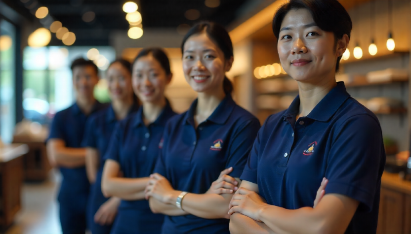 Café staff wearing navy corporate uniform polo shirts with logo, designed for durability, easy care, and professional appearance.