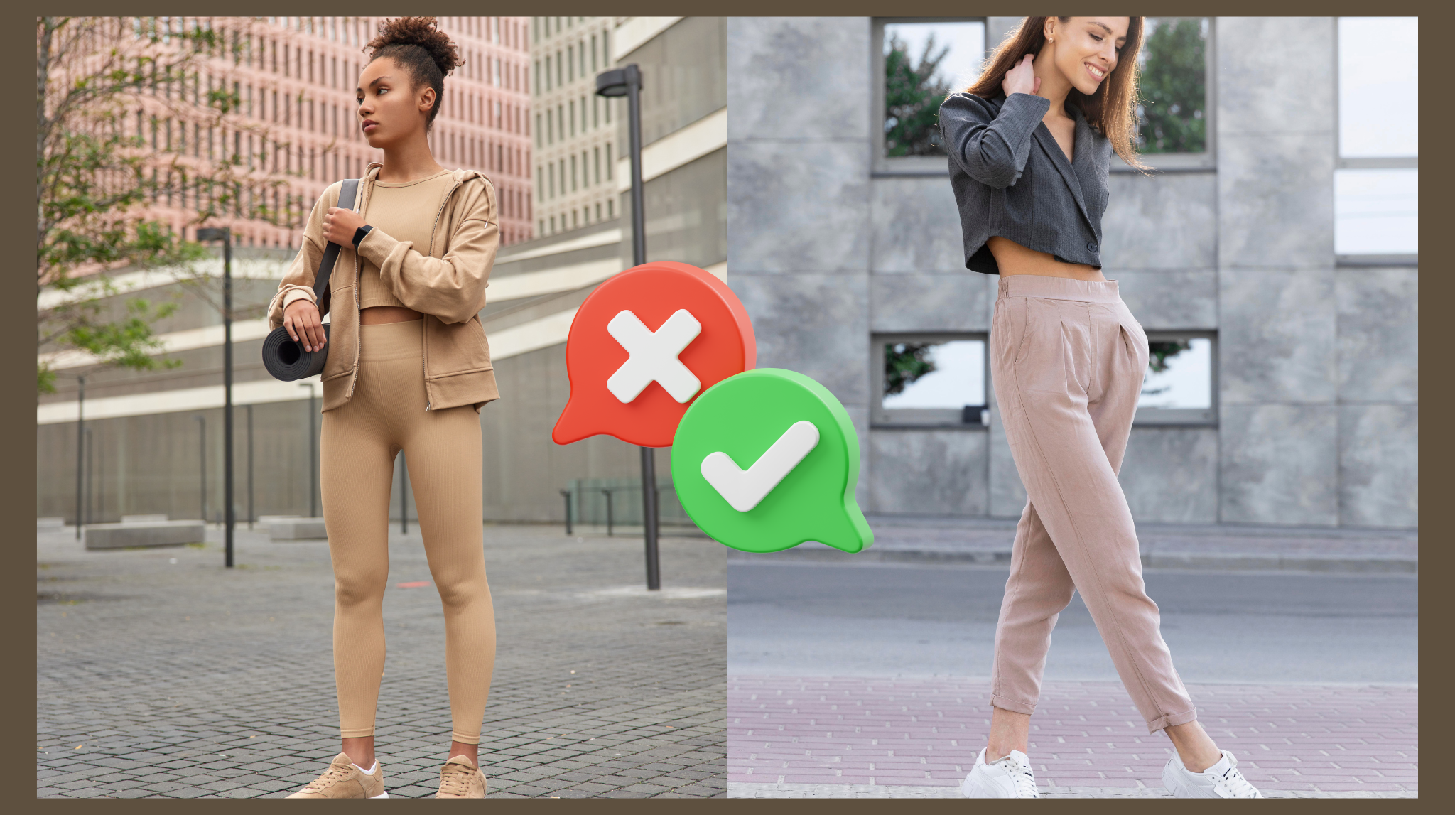 Gen Z against leggings trend illustrated with a comparison between tight leggings and relaxed jogger pants, showing how younger consumers prefer comfort-first silhouettes.