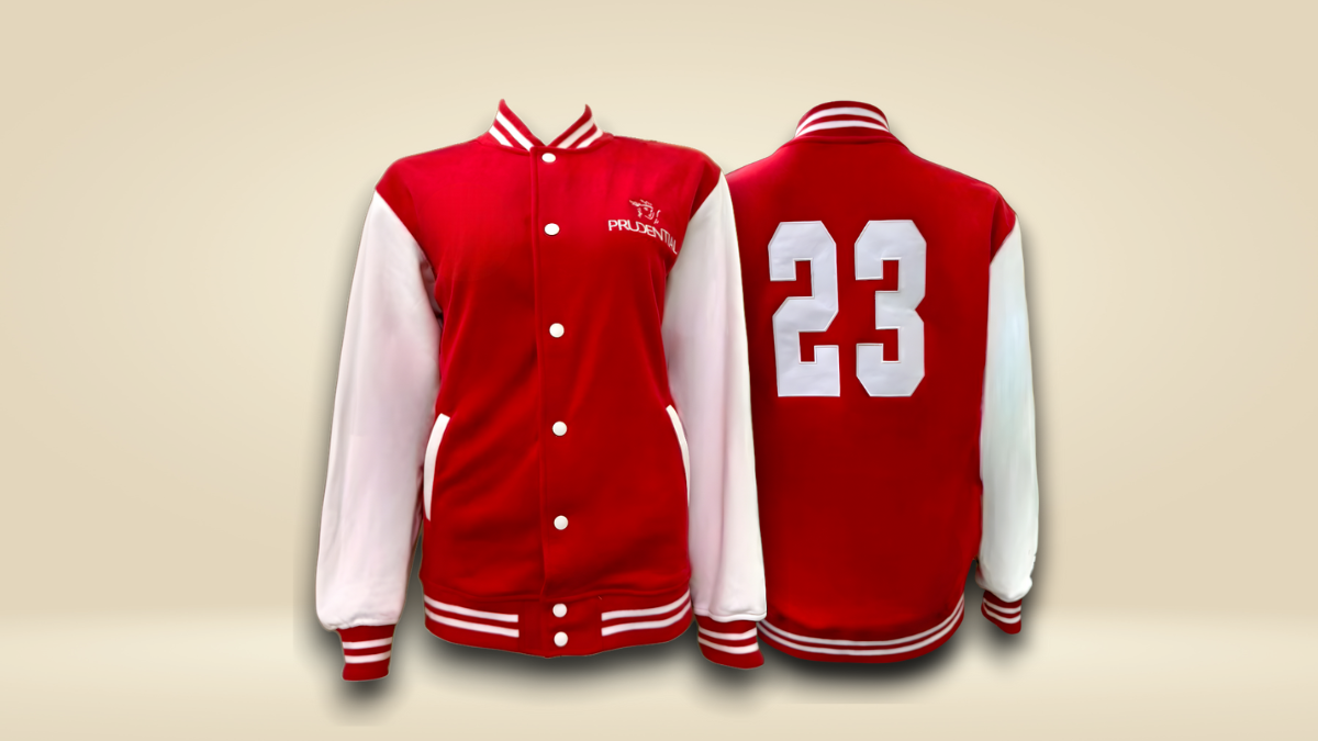 A mockup of a modern varsity team jacket as part of corporate and team uniforms, displayed on a clean white background, highlighting design details and subtle branding.
