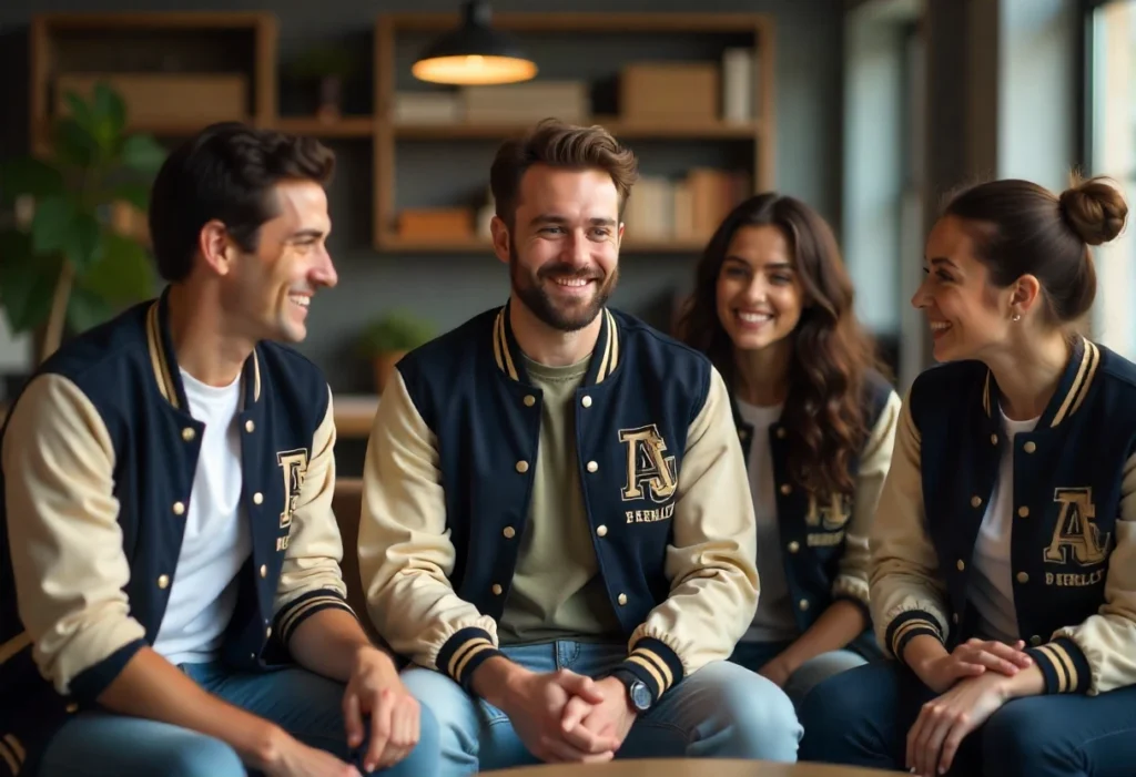 A cross-functional corporate team wearing modern corporate and team uniforms, including matching jackets and T-shirts, celebrating a completed project in a relaxed office lounge.