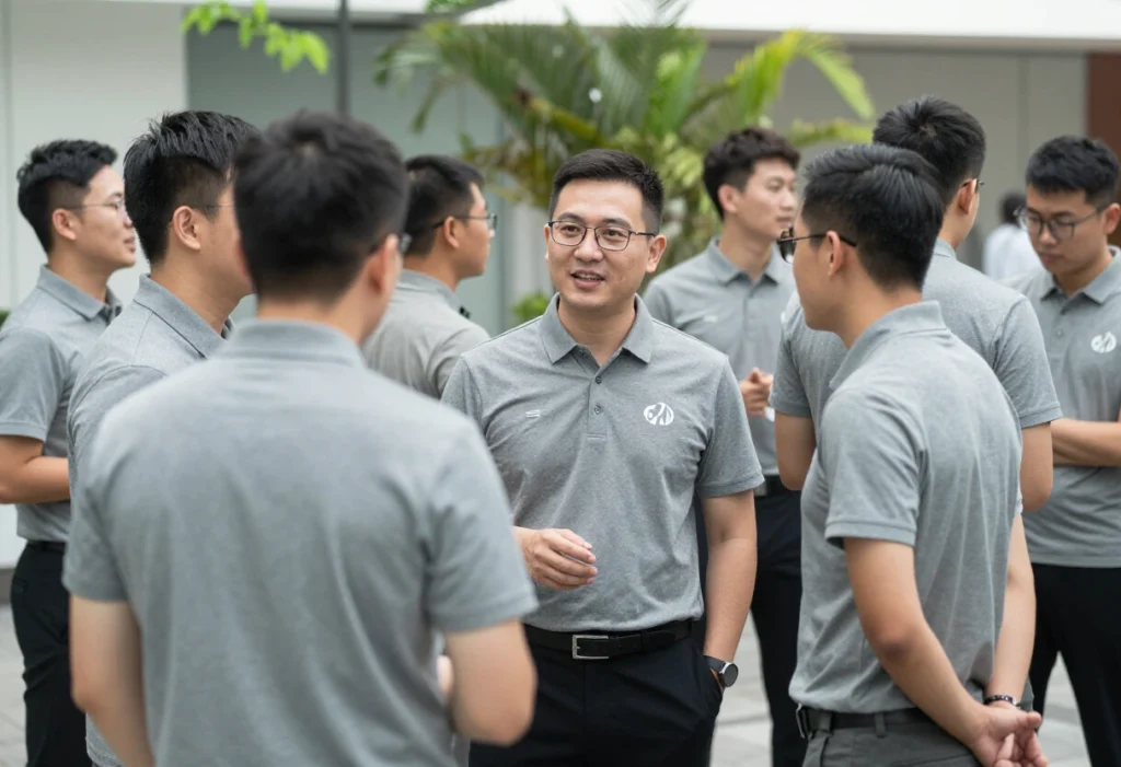 Corporate teams wearing coordinated gray polo shirts with company logo, diverse employees interacting at an outdoor company event, reflecting team unity and workplace culture