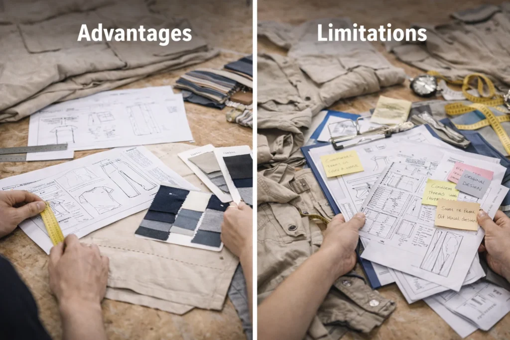 Advantages and limitations of an OEM apparel manufacturer showing organized sample development and production workflow