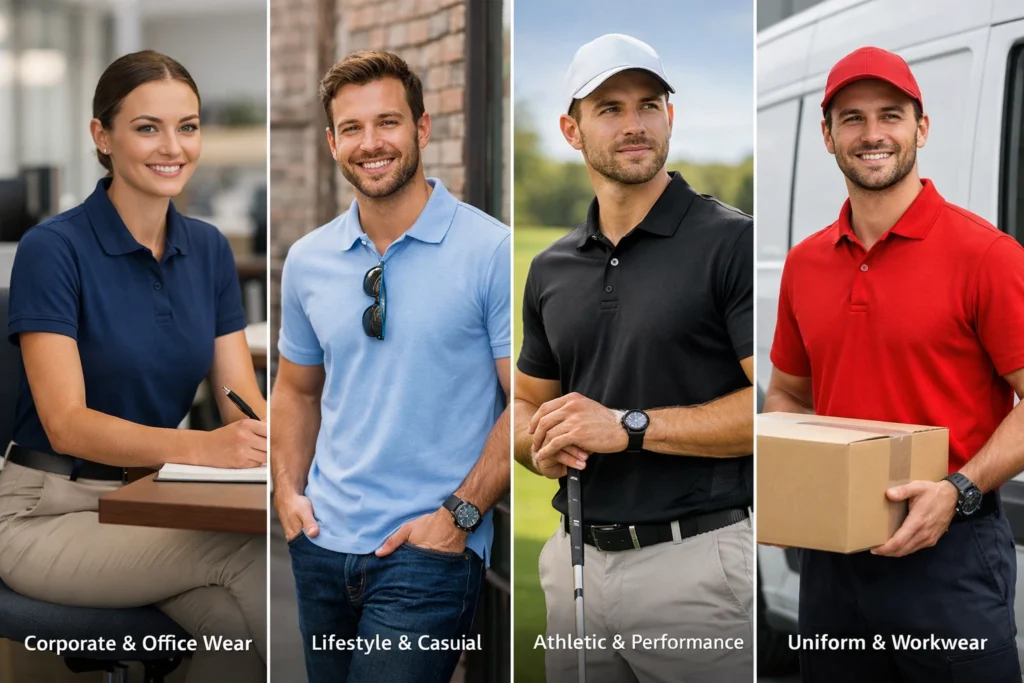 Four polo shirts showcasing versatility in corporate wear, casual lifestyle, athletic performance, and workwear uniforms, illustrating polo shirt manufacturing for diverse apparel markets.