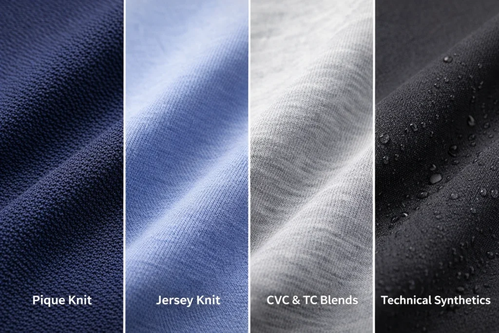 Close-up of four polo shirt fabric types: Pique Knit, Jersey Knit, CVC & TC Blends, and Technical Synthetics, highlighting texture differences for apparel production.
