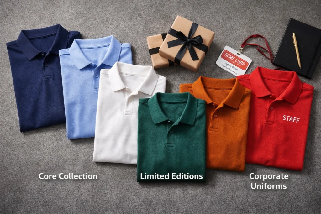 Flat lay of polo shirts in core collection colors, limited-edition hues, and corporate uniform designs arranged with gift boxes and office props.